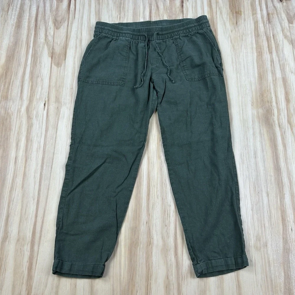 Old Navy Women's Medium Green Cropped Tapered Linen Blend Pants Casual Summer
